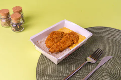 Frango à Milanesa, Arroz branco e Creme de milho