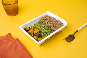 Carne moída, Arroz de Brócolis e Abóbora Assada