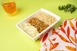 Carne moída, arroz integral e purê de batata