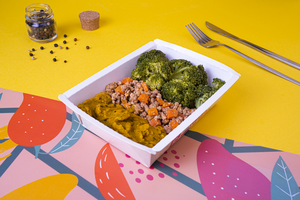 Carne moída, Purê de Abóbora e Brócolis no vapor