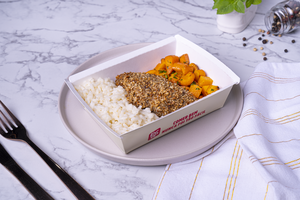 Frango com crosta, risoto de limão e cenoura